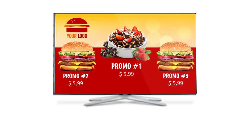 A TV showing a ready-made promo template with a logo placeholder, burgers and a dessert bowl