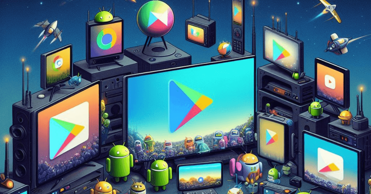 Illustration of TVs, tablets and a phone showing the Google Play logo, surrounded by Android robots