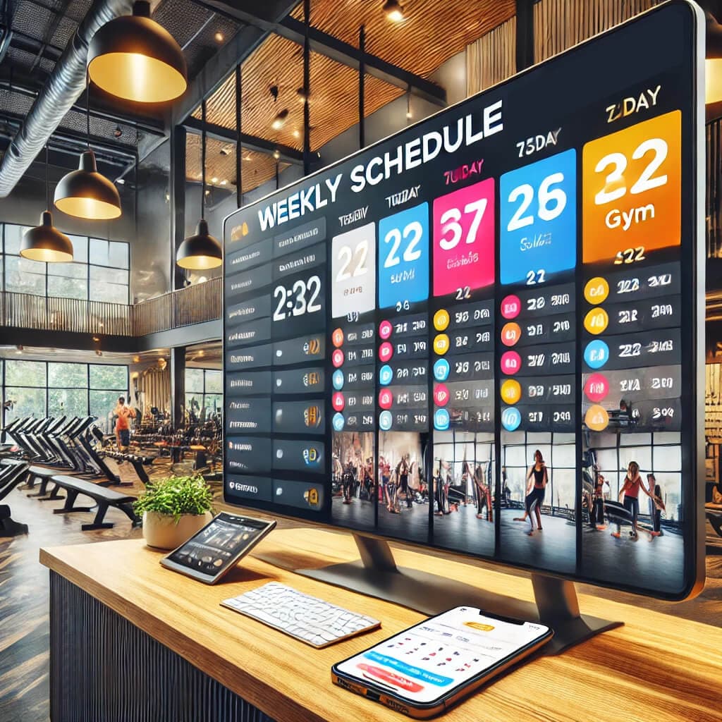 A gym reception with a large screen showing a weekly class schedule