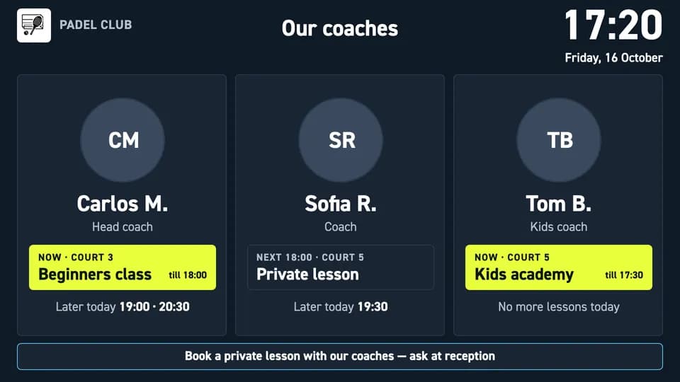 Our coaches: three coach cards showing who is teaching now, what is next and later lessons today