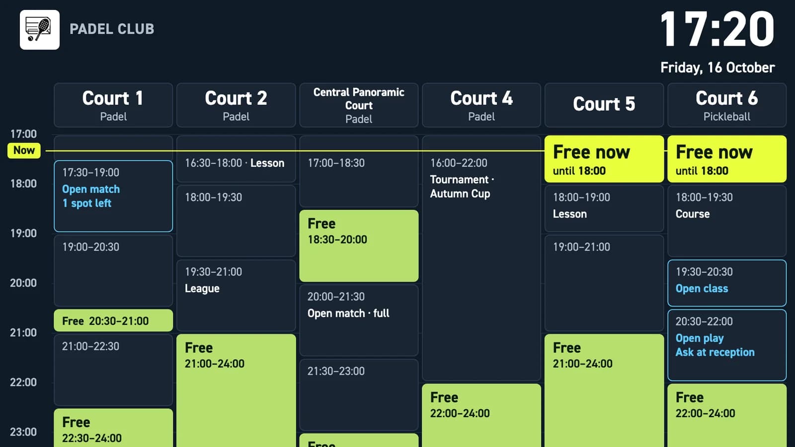 Court schedule board on a club TV showing six courts with free slots, open matches and a live time line