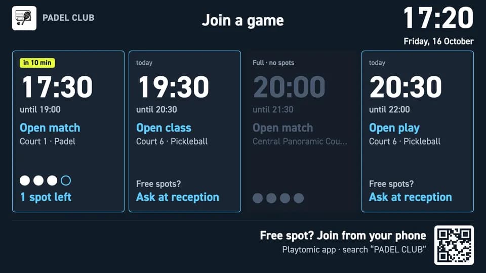 Join a game: cards for upcoming open matches and classes with free-spot dots, plus a QR code to join from a phone