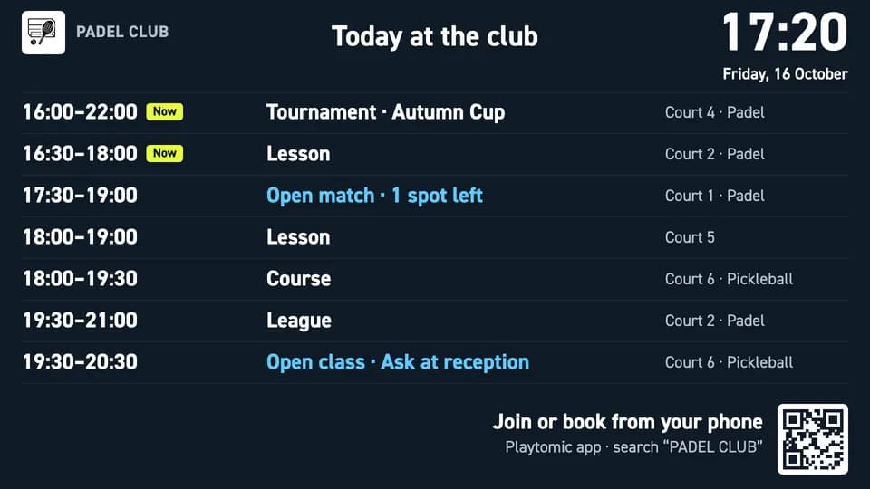 Today at the club: a time-ordered list of matches, lessons, leagues and tournaments with the court for each, and a QR code