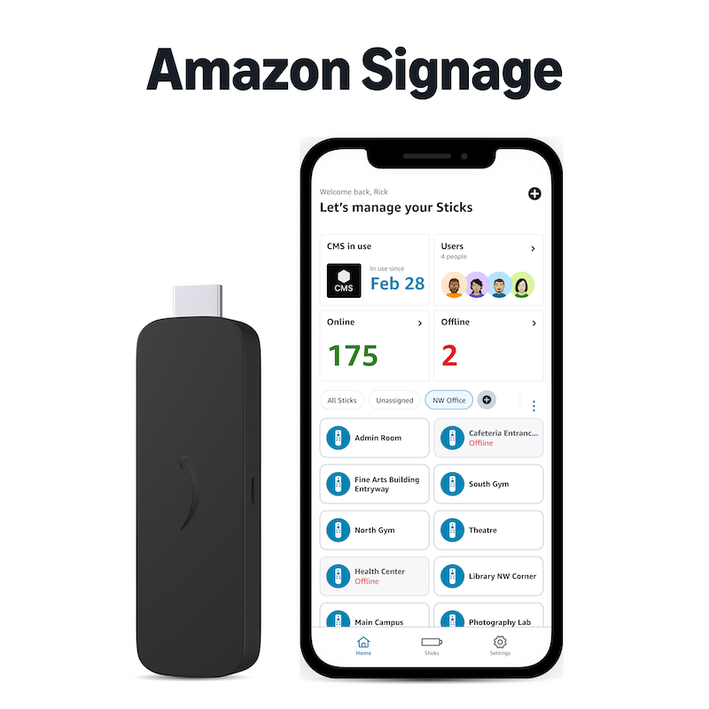 Liqvid CMS app interface for remote management of Amazon Signage Stick screens